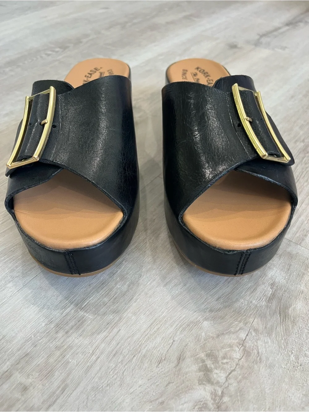 Kork-Ease York Black Leather Platform Slide Sandals 9 New NWOB Comfort Quiet Lux